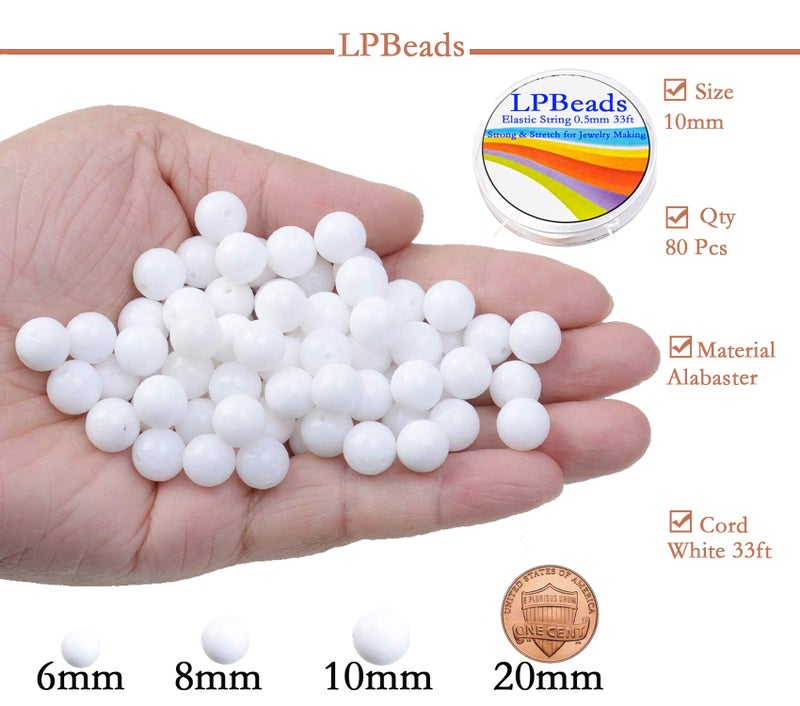 LPBeads 80Pcs Polished 10mm Round Natural Alabaster Gemstone Loose Beads with Stretch Cord for Jewelry Making Bracelets - Image 2